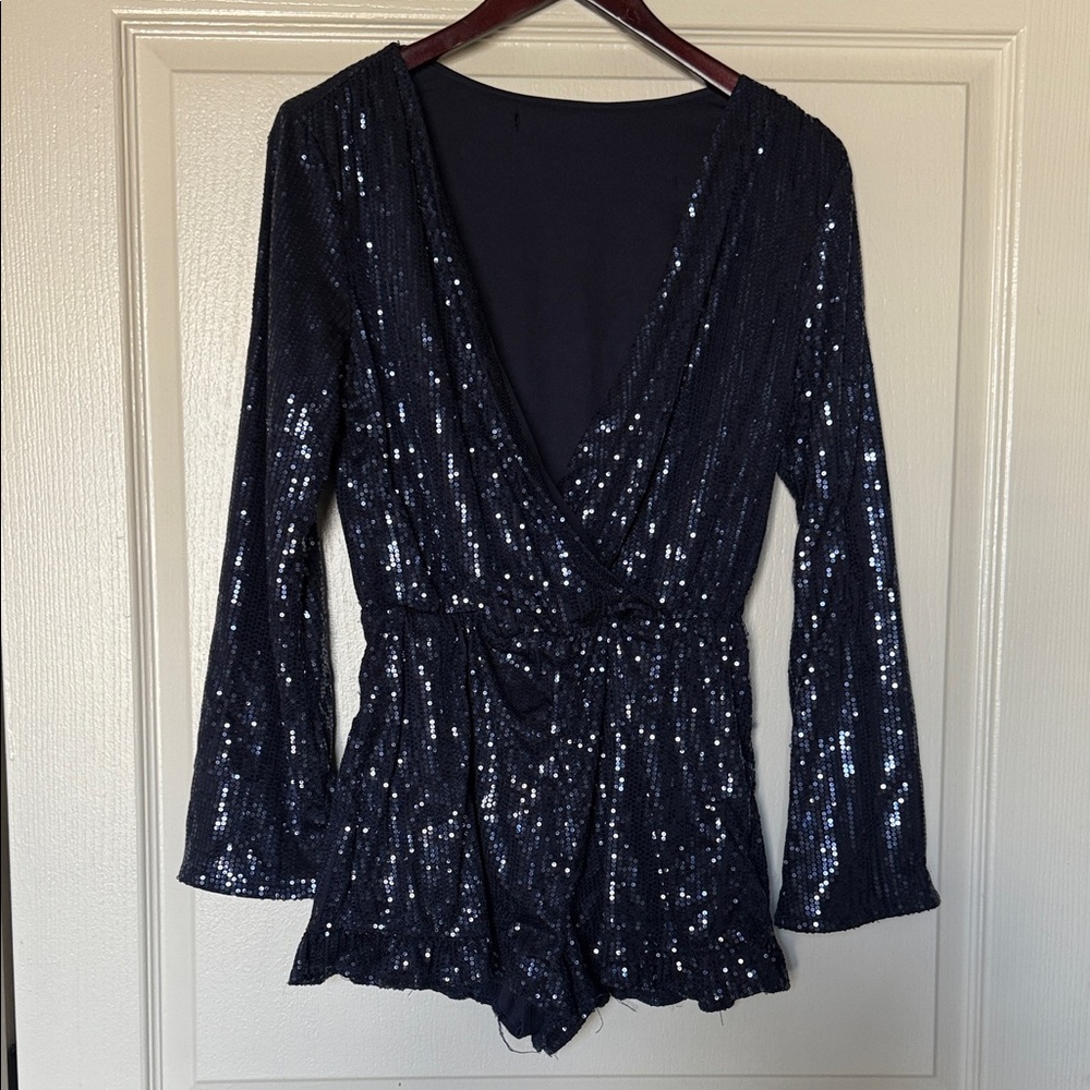 Sequin Navy Blue Long Sleeve Romper
